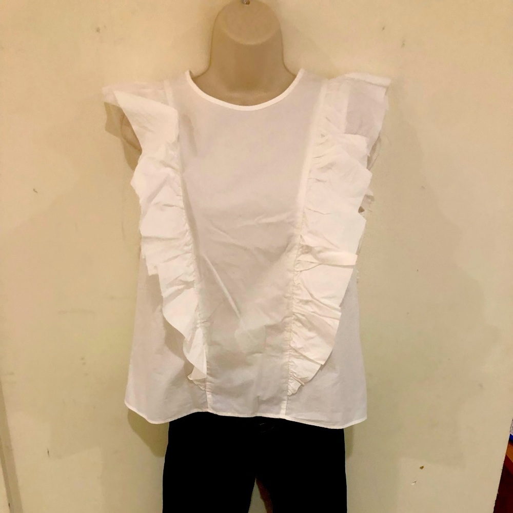 SIZE 1 Sleeveless, Pullover style, Ruffled front and raw hem on ruffles